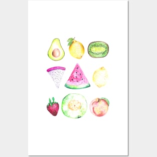 Watercolor Fruits Pattern on Black Posters and Art